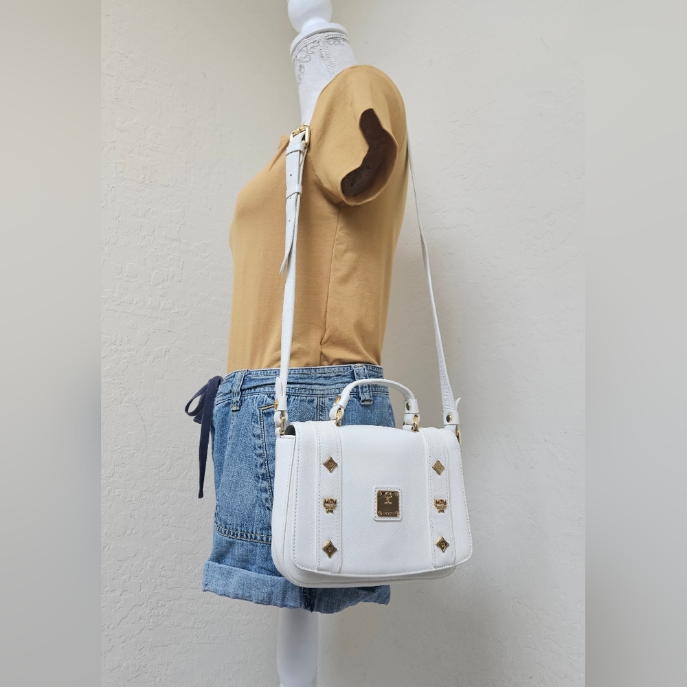 MCM Cream Leather Small Studded Shoulder Bag AUTHENTIC
